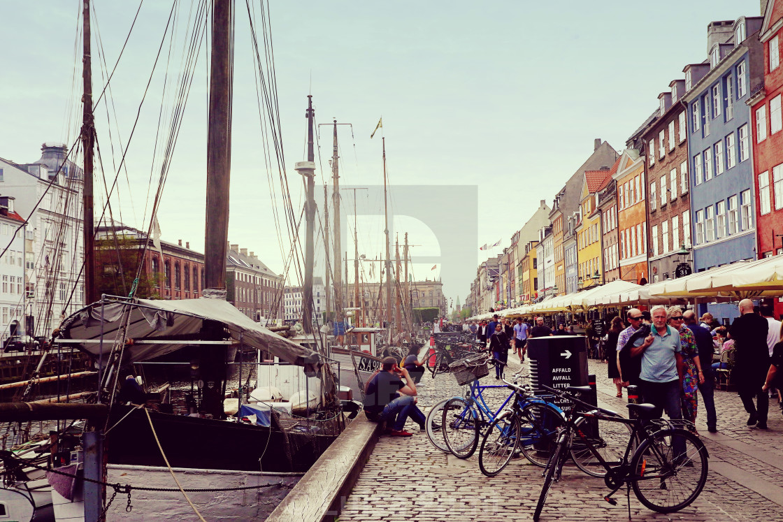 "COPENHAGEN, DENMARK - Panoramic view of Nyhavn harbor" stock image