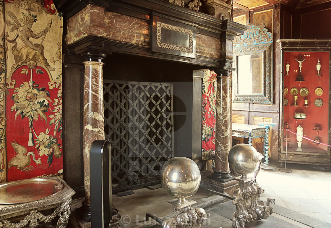 "COPENHAGEN, DENMARK - marble fireplace in Rosenborg castle" stock image