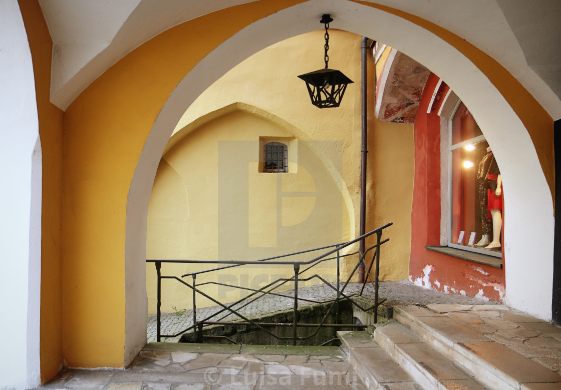 "Wasserburg am Inn, Upper Bavaria, Germany - medieval portico, with vaulted ceiling" stock image