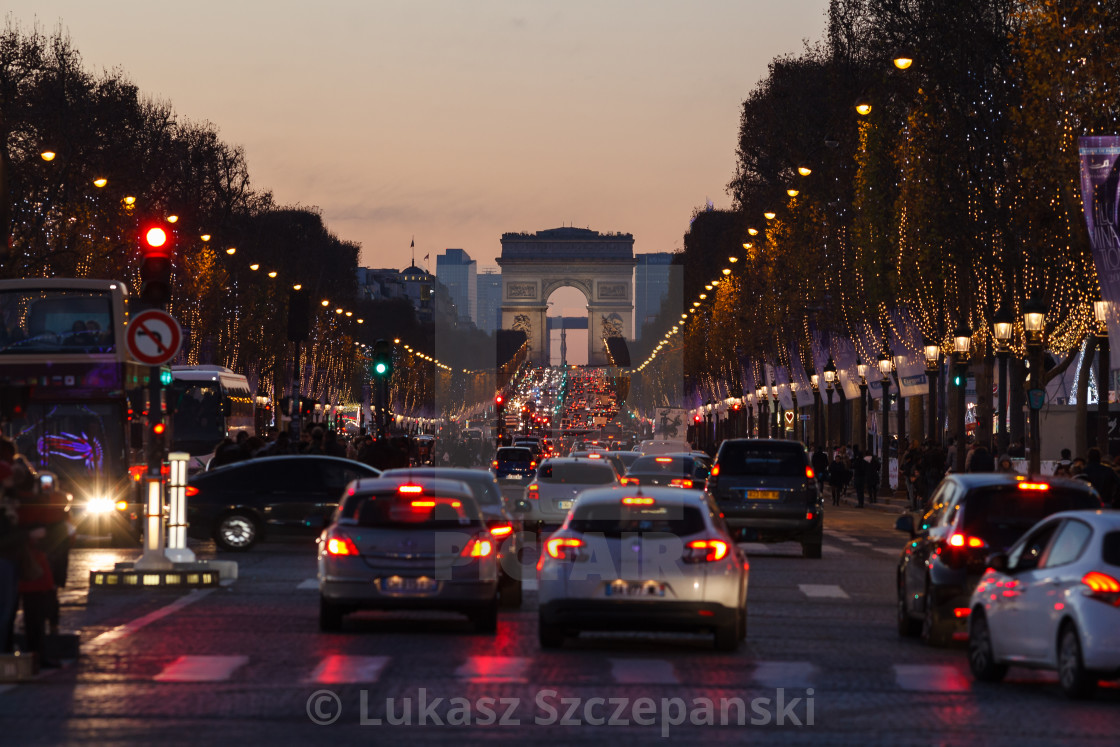 "Traffic jam on Champs Elysees, Arc de Triomphe" stock image