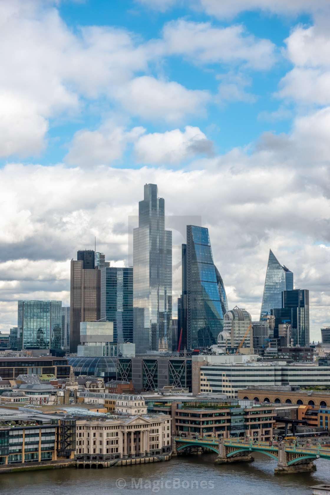 "London skyline and skyscrapers, from across the River Thames" stock image