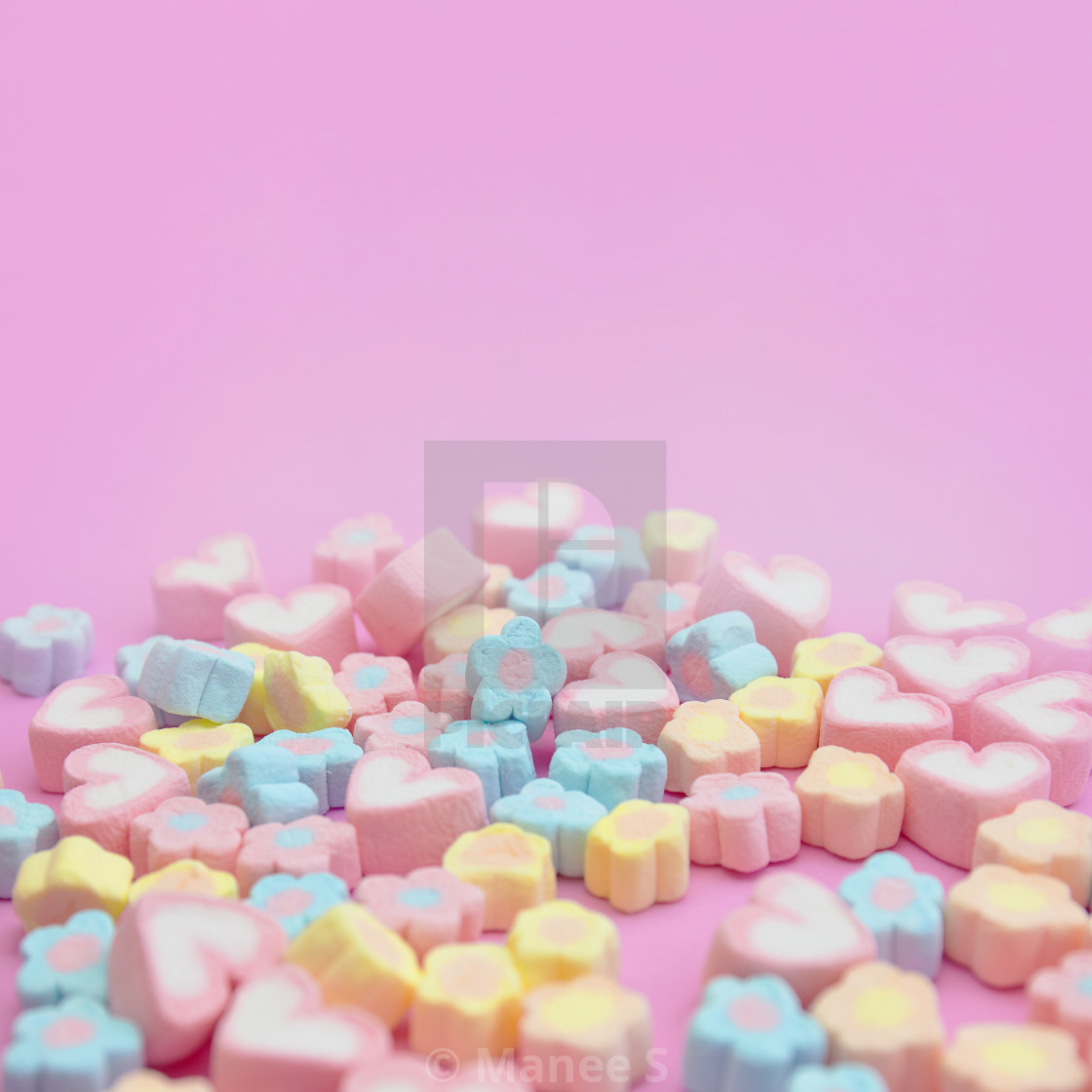 Close Up Colorful Pastel Sweet Color Of Marshmallows On Pink