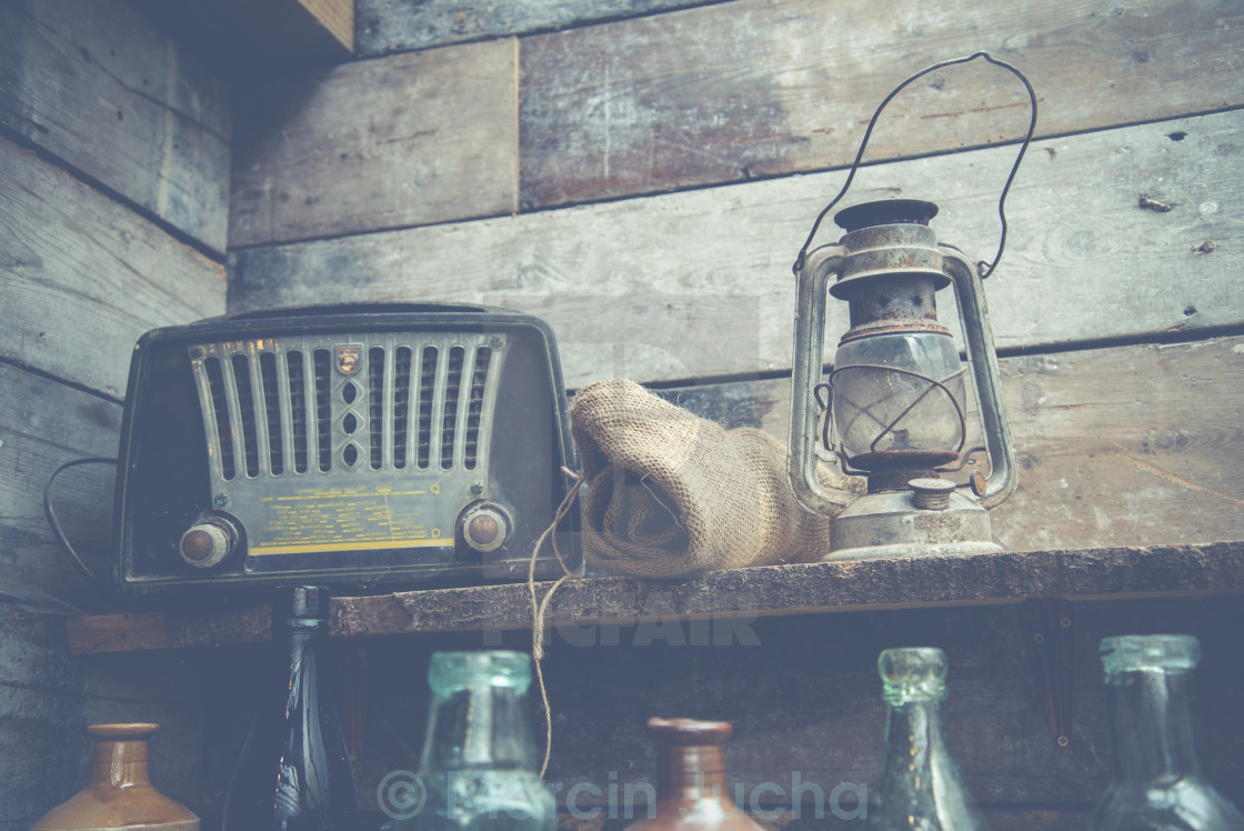 Vintage Radio And Lamp In Barn License Or Print For Vintage Radio And Lamp In Barn Stock Image