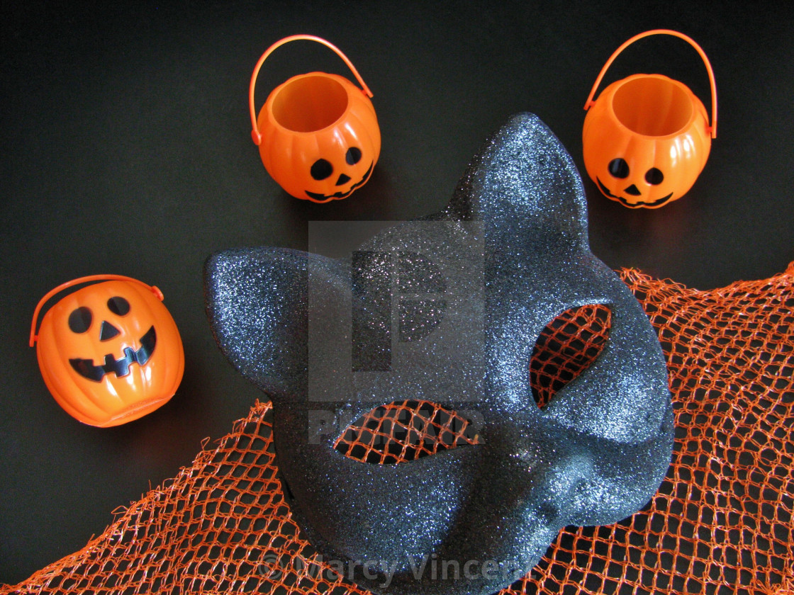 Black Halloween Cat Mask And Mini Jack O Lanterns License