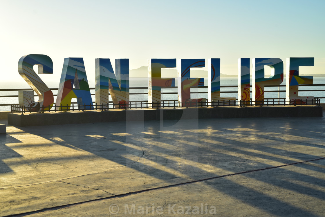 "sunrise on three-dimensional sign for town of San Felipe, Baja, Mexico" by Marie Kazalia - $15.16 "sunrise on three-dimensional sign for town of San Felipe, Baja, Mexico" stock image