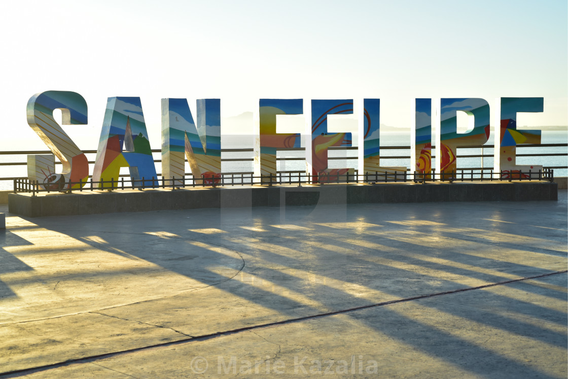 "sunrise on three-dimensional sign for town of San Felipe, Baja, Mexico" by Marie Kazalia - $15.16 "sunrise on three-dimensional sign for town of San Felipe, Baja, Mexico" stock image
