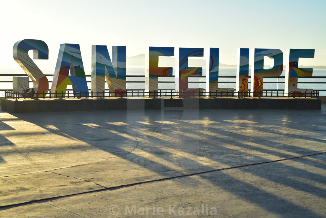 "sunrise on three-dimensional sign for town of San Felipe, Baja, Mexico" by Marie Kazalia - $15.16 "sunrise on three-dimensional sign for town of San Felipe, Baja, Mexico" stock image