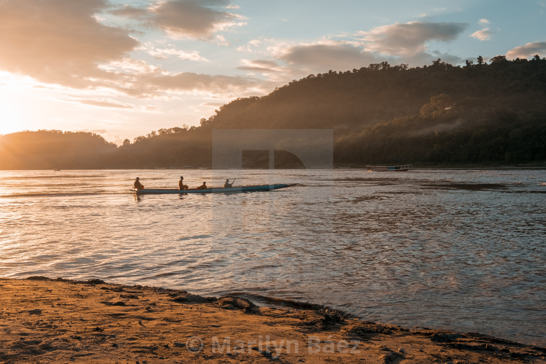 "Monks on the Mekong" stock image