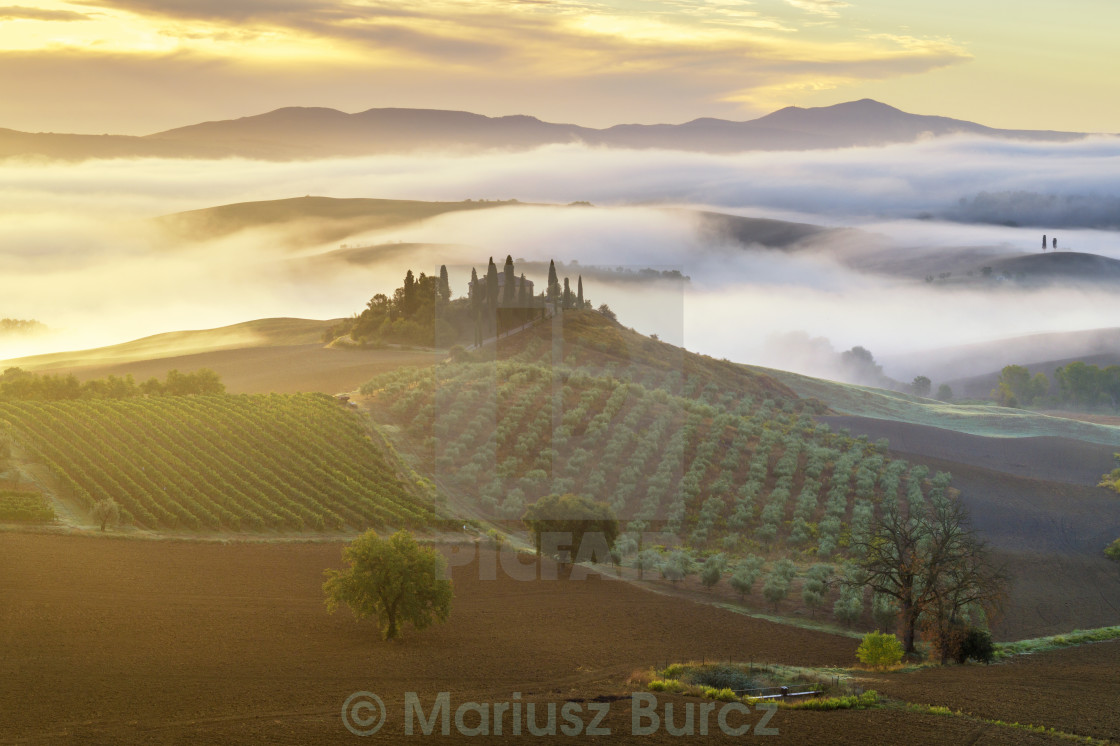 "farmhouse in the Tuscan hills of the beautiful autumn morning" stock image