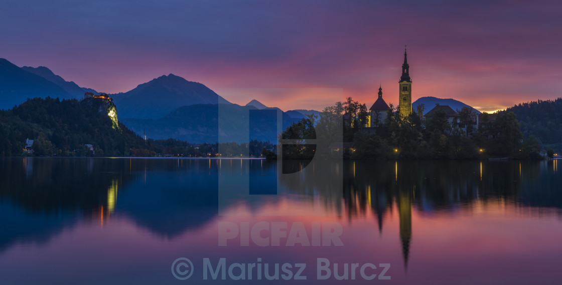 "sunrise over Lake Bled,Slovenia" stock image