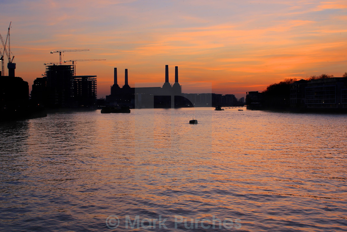 "London River Thames Sunset Battersea Power Station" stock image