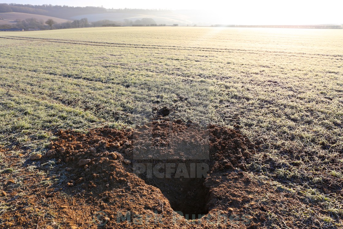 "Badger Den Burrow in Farmer's Sunny Frosty Field" stock image