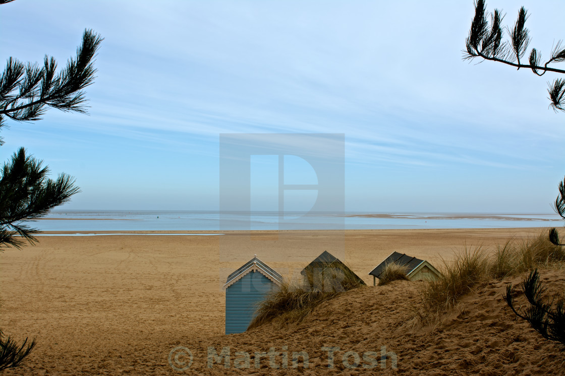 "Sandy real estate- beach huts by the woods on Wells beach" stock image