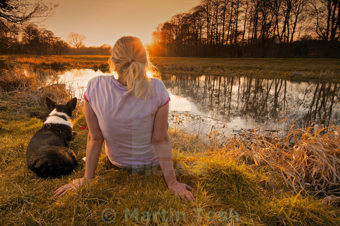 "Pals by the river- Fern the border collie and her mummy, watch the sun go..." stock image