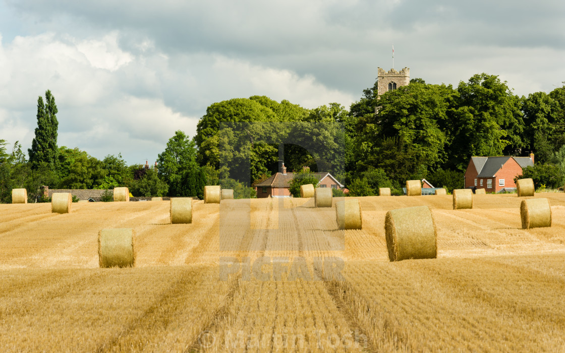 "Round bales in field, village/ church background" stock image