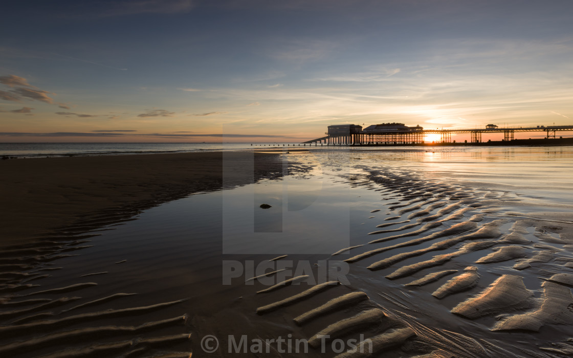 "Washboard. Low tide sunrise, Cromer beach and pier i" stock image