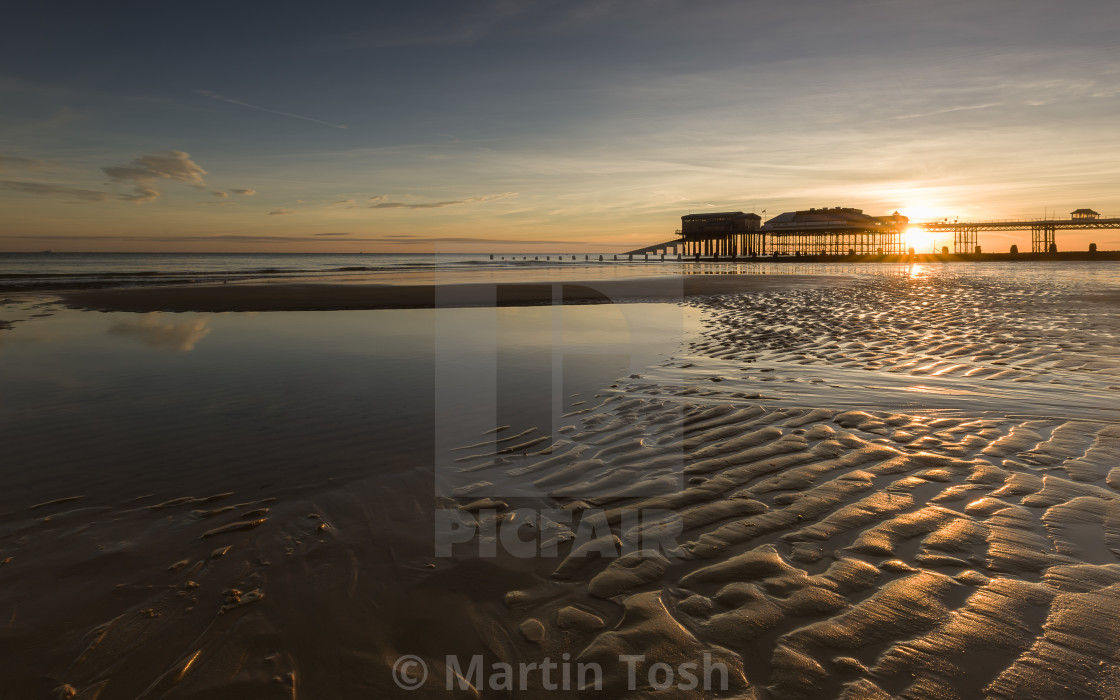 "Low tide sunrise, Cromer beach and pier iv" stock image