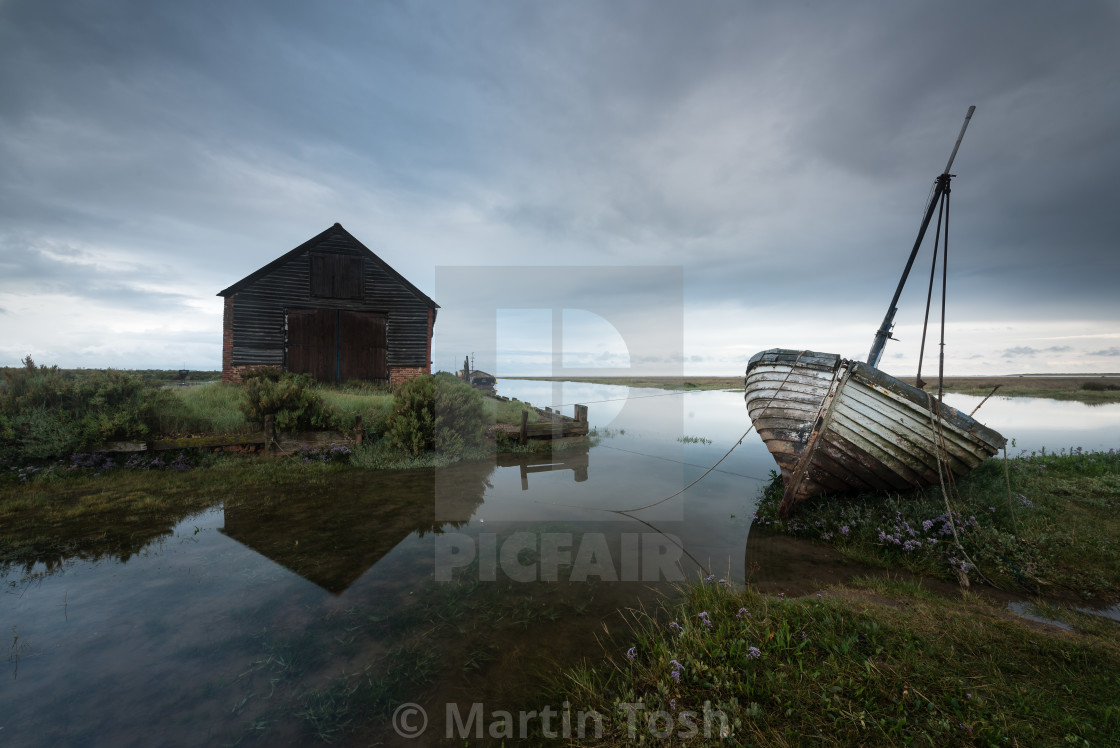 "Thornham Quay morning, saltmarsh and creek IV" stock image