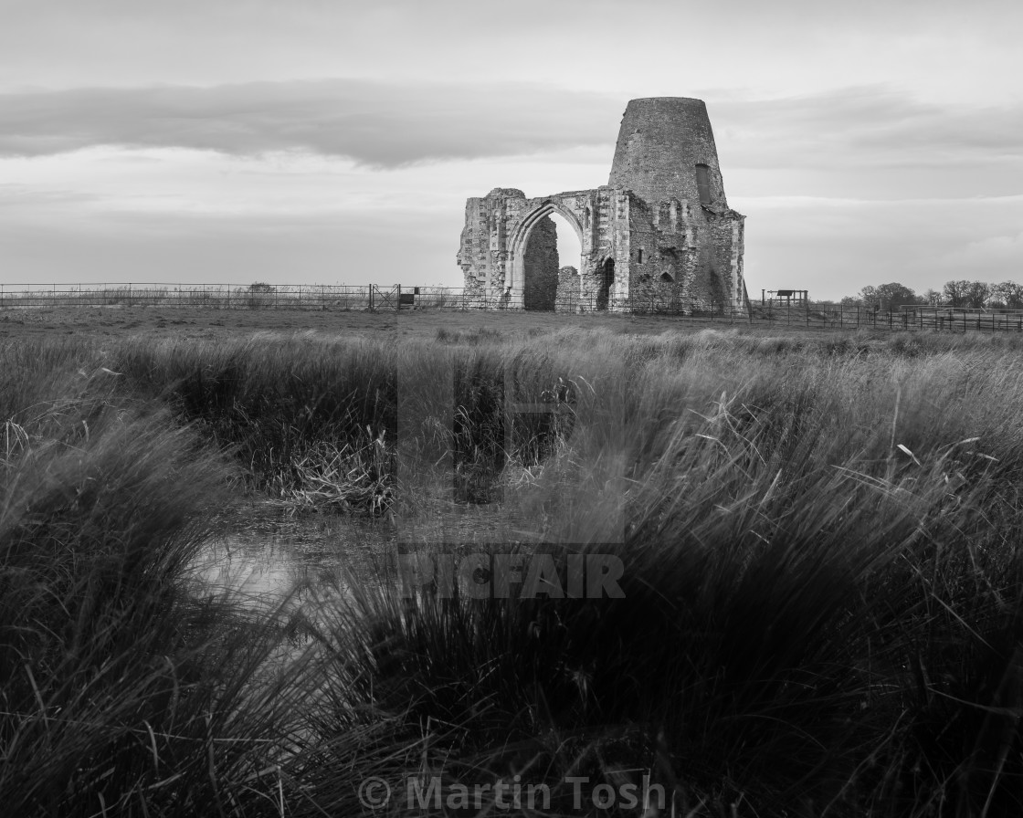 "St Benet's Abbey grey morning II. Old abbey with grass and pools (old..." stock image