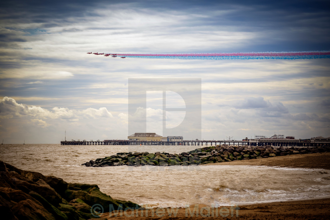 "Incoming Red Arrows Over Clacton Pier" stock image