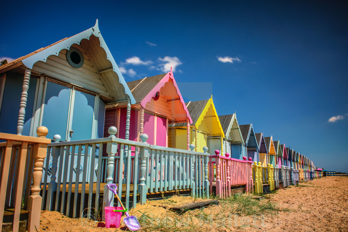 "West Mersea Colourful Beach Huts" stock image