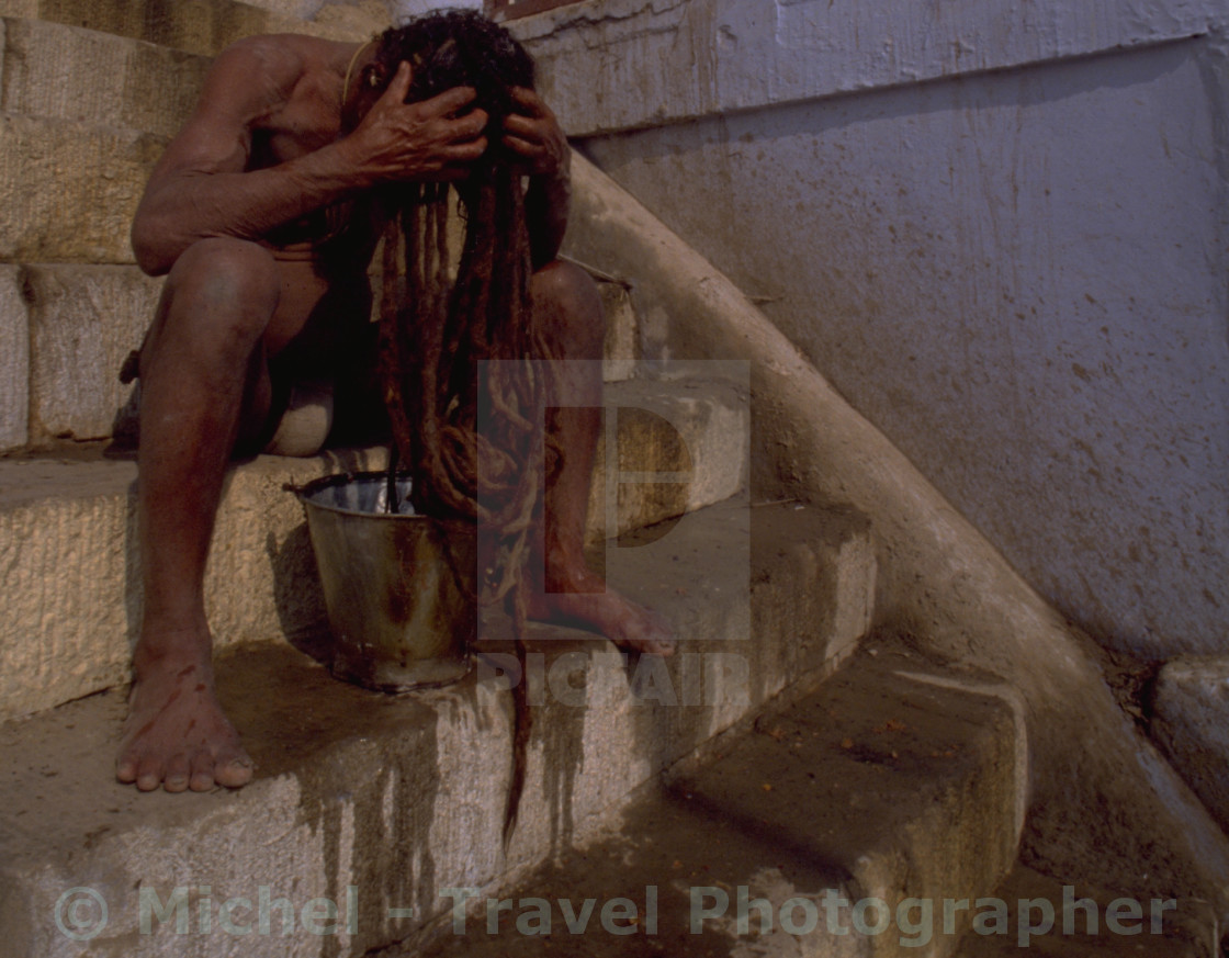 "Varanasi Hair Wash" by Michel - Travel Photographer - £16.62 "Varanasi Hair Wash" stock image