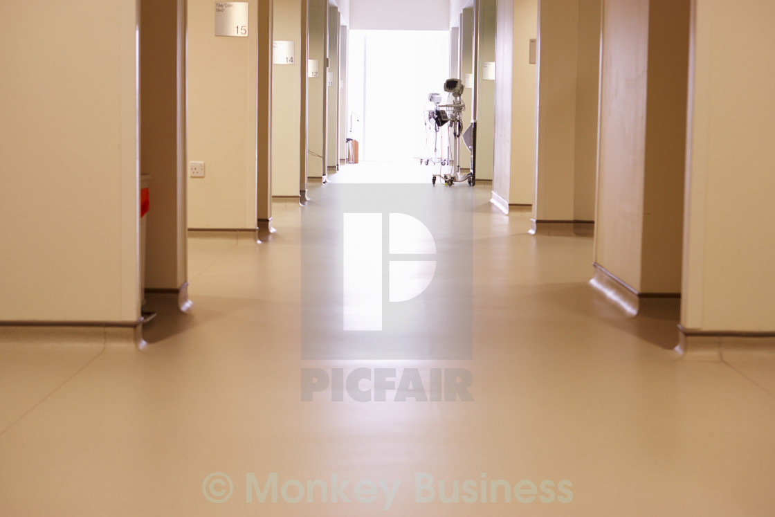 Empty Corridor With Medical Equipment In Modern Hospital