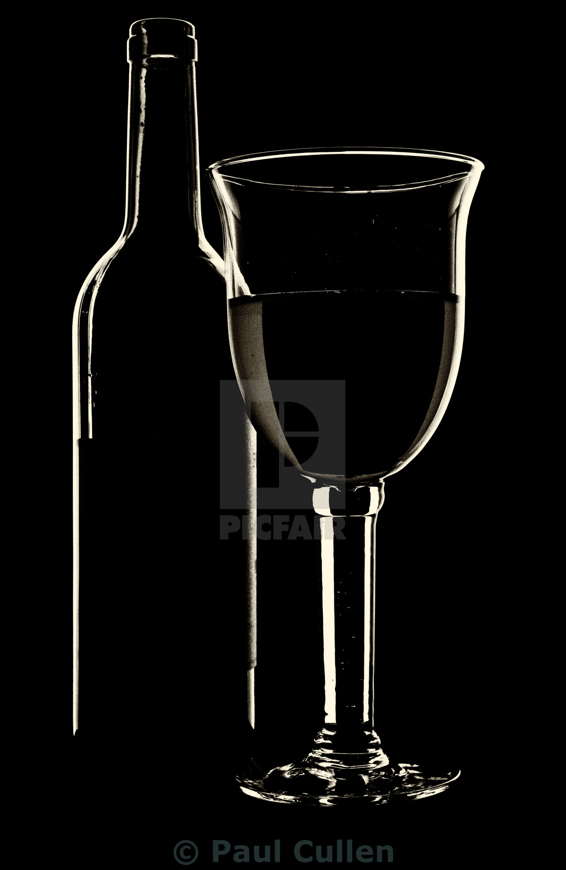 "Bottle of Wine and Glass - yellowed" stock image