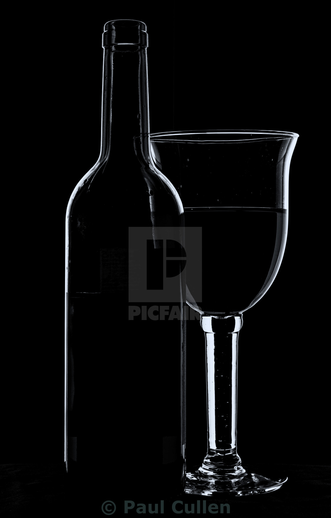 "Wine glass and bottle - mono with cool tones." stock image