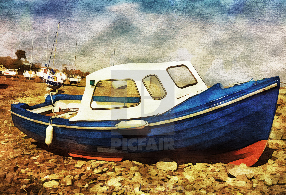 "Blue and Red Boat Watercolour effect." stock image