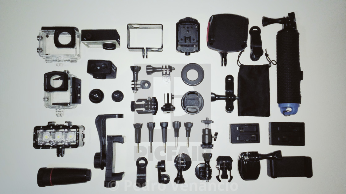 "top view of action cams material" stock image