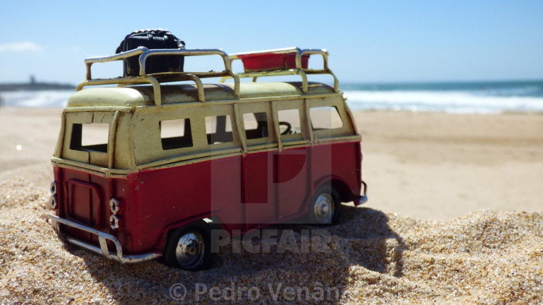 "vintage car on beach against clear sky" stock image