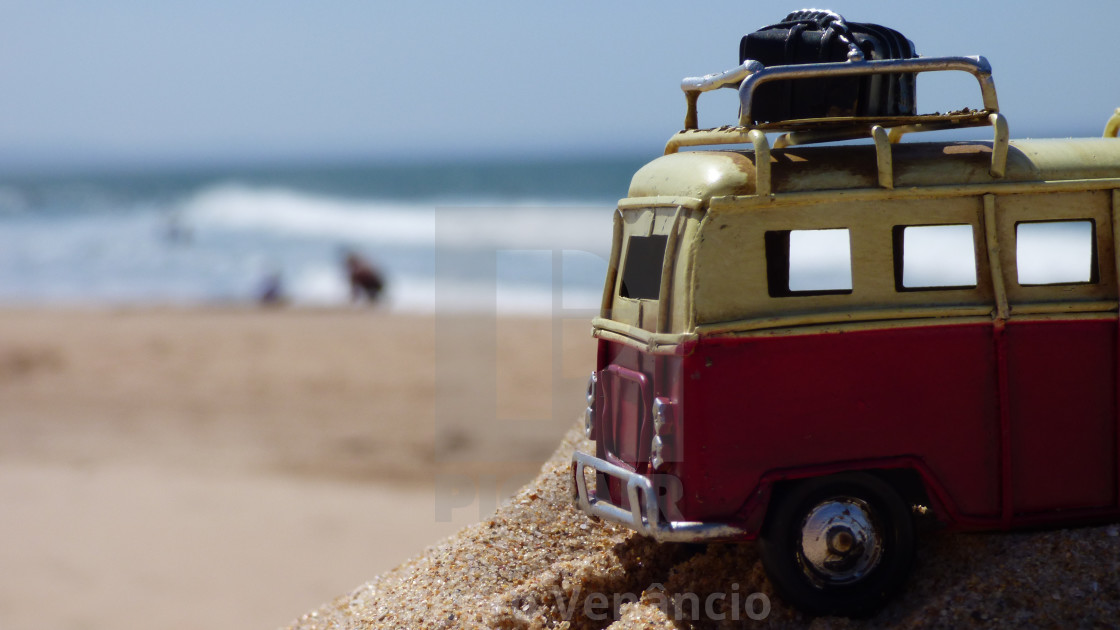 "vintage car on beach against clear sky" stock image