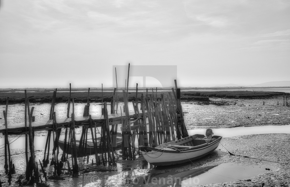 "Boats, fishing boats on land low tide, wooden piers" stock image