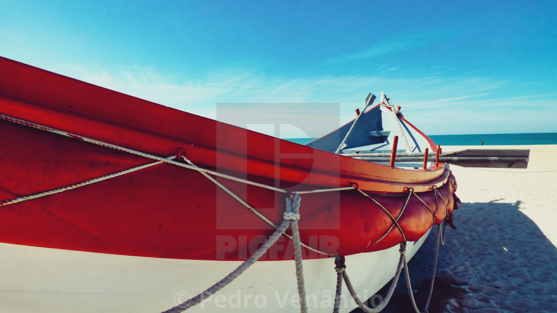 "Portuguese Traditional fishing boat, Nazaré" stock image