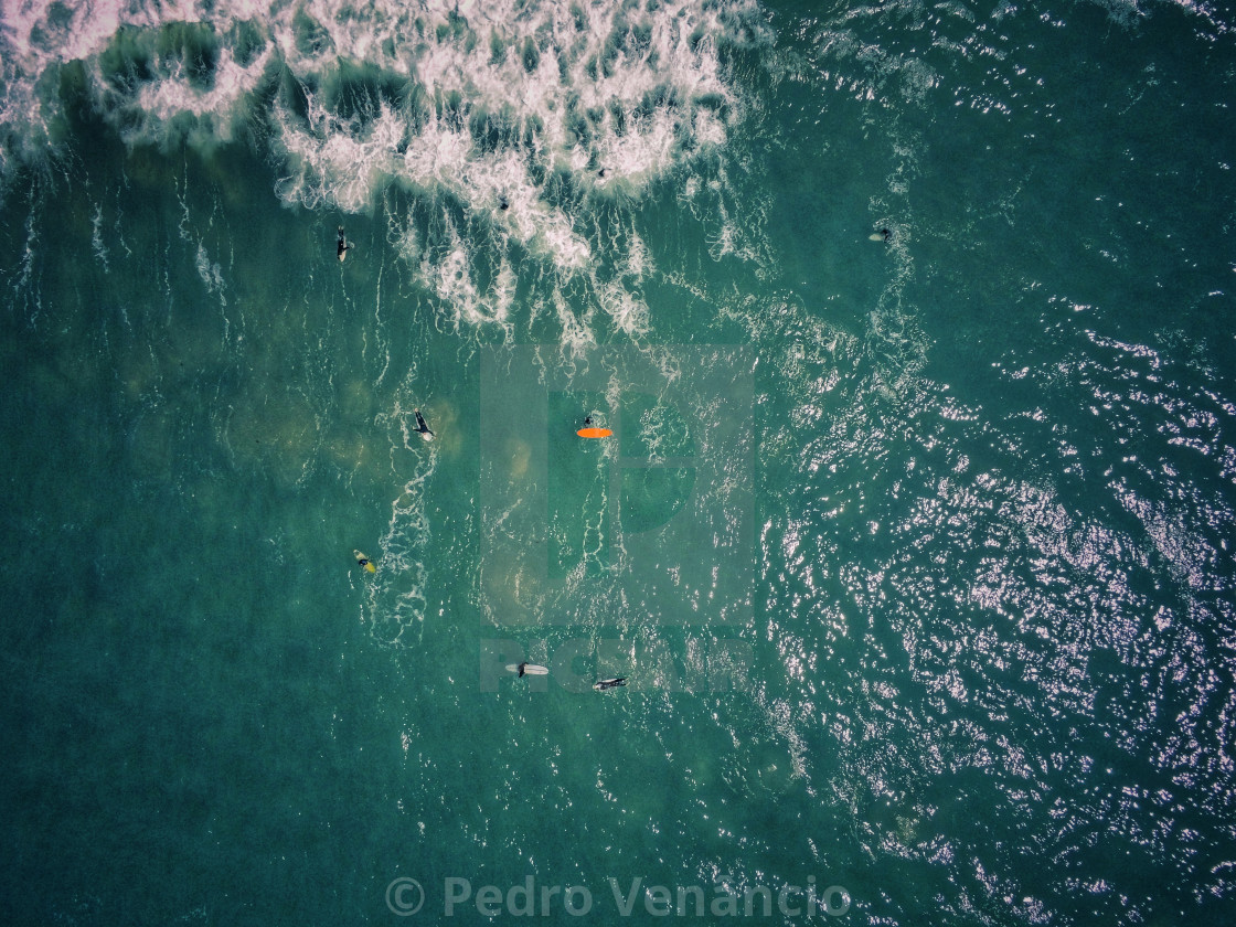 "Surfers on water eagle view" stock image