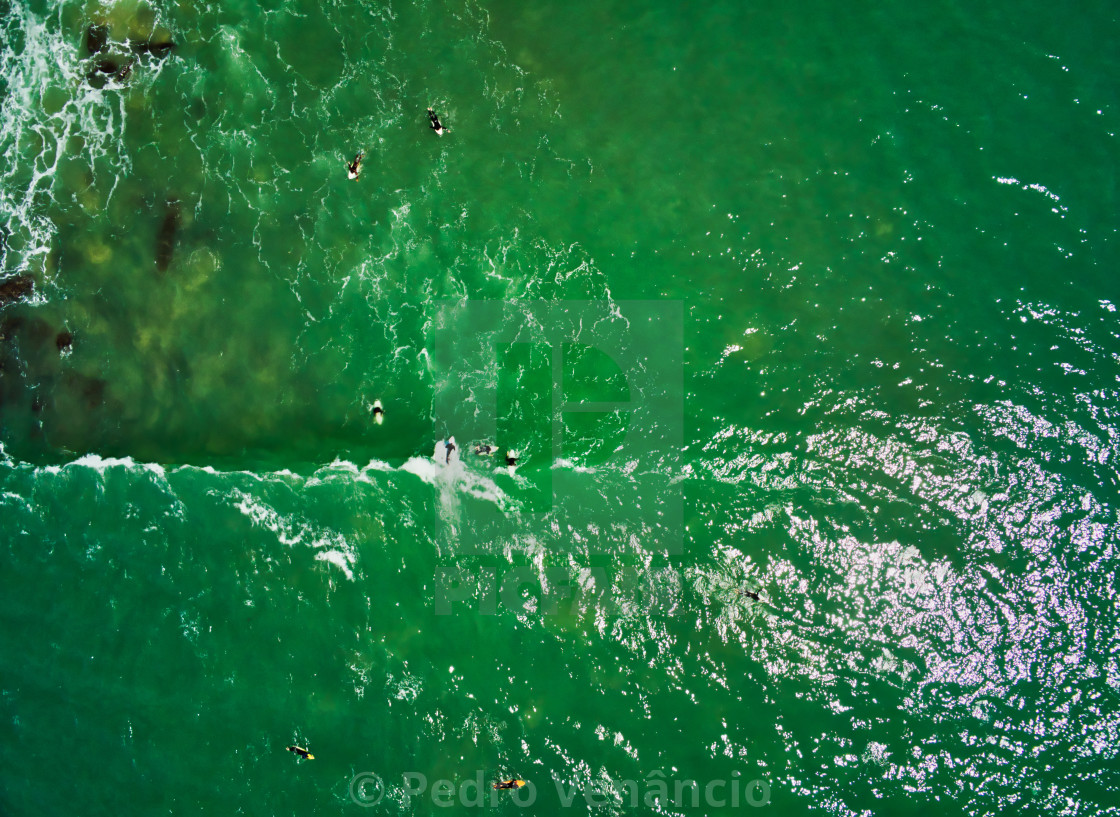 "Eagle view of surfers on water" stock image