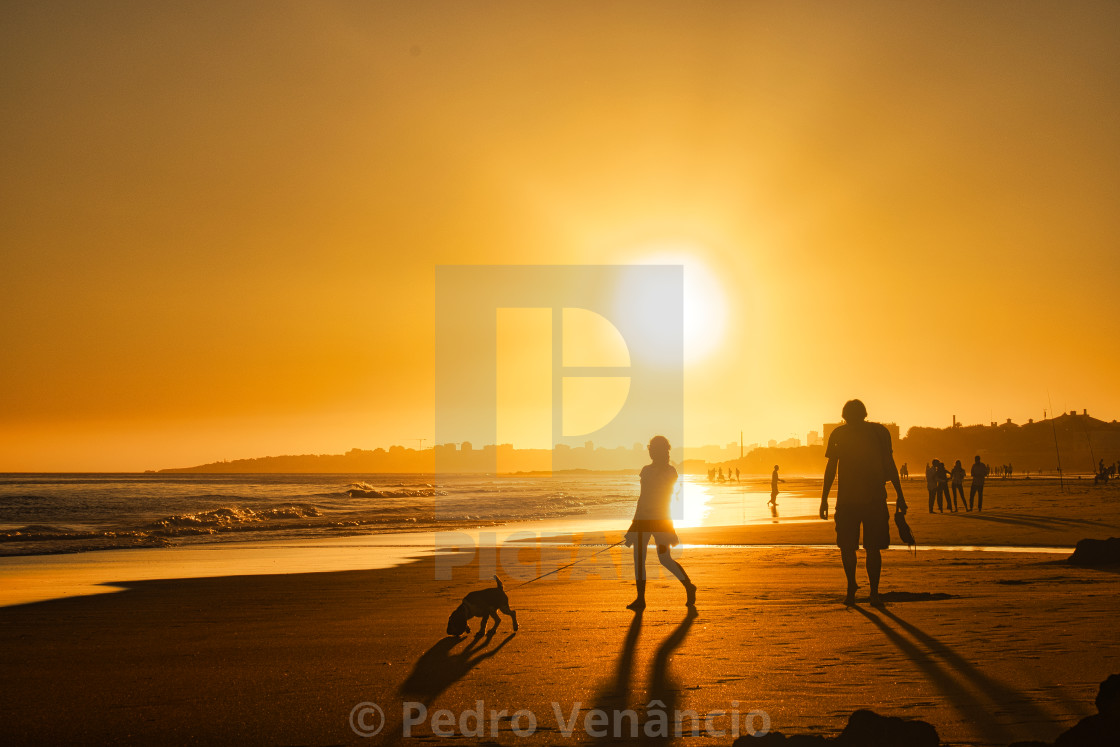 "Portugal Carcavelos Beach - People silhouettes at sunset on the beach in the golden hour" stock image