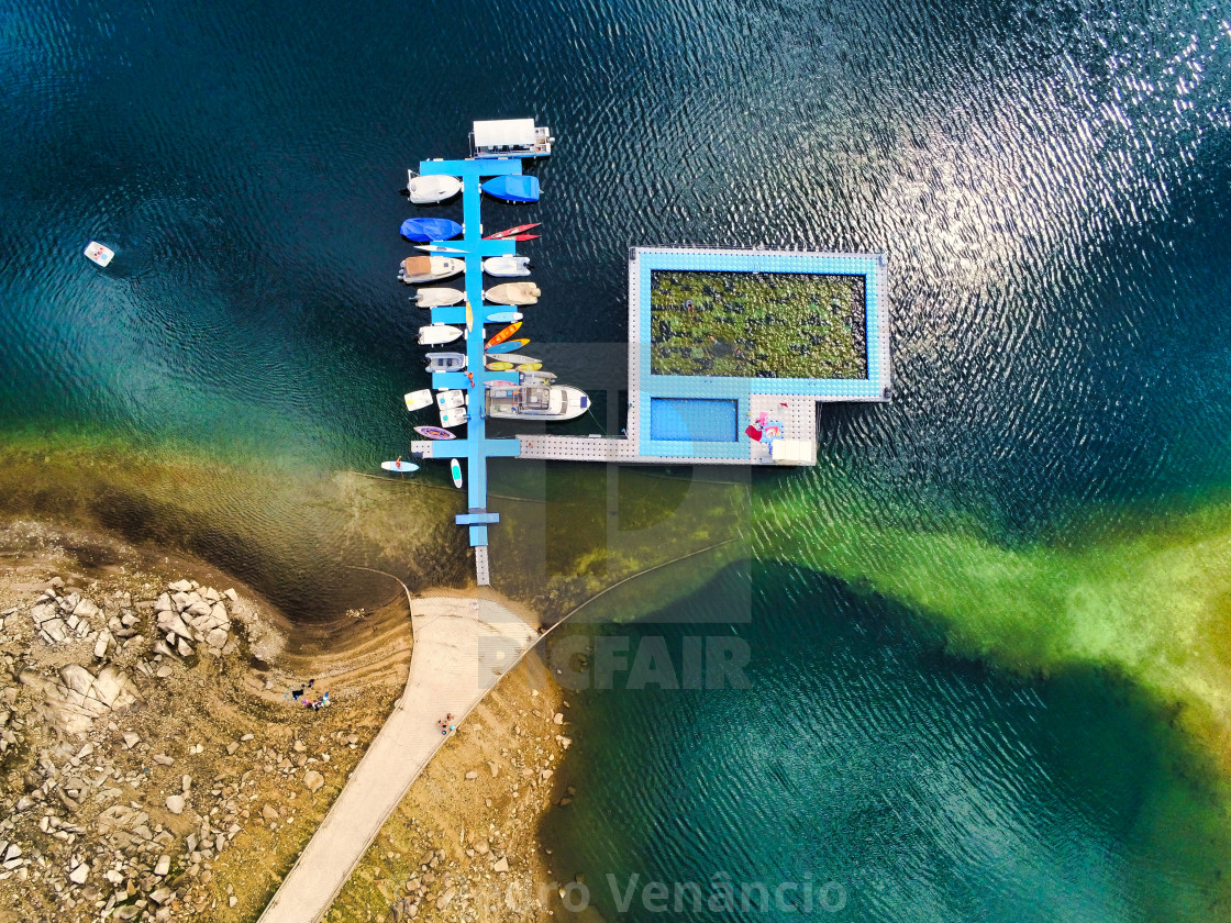 "Aerial View of Lake Boats and SwimingPool" stock image