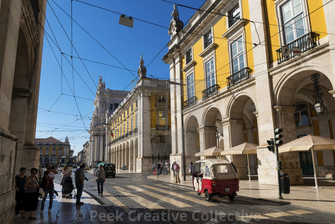 Lisbon Portugal October 22 2017 Street Scene In The Downtown Baixa Of Lisbon With People In A Street And The Comercio Square Praca Do Comercio On The Background In Lisbon Portugal