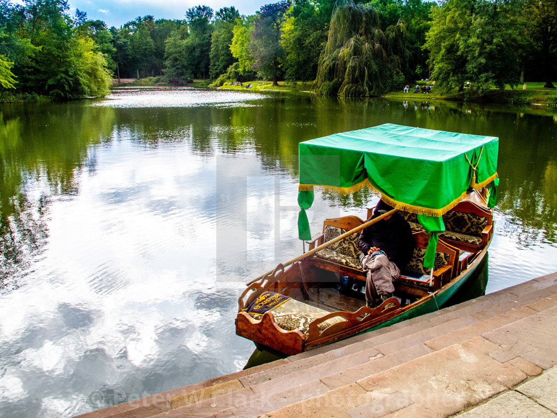 "Royal Baths (Łazienki Park), Warsaw, tourist gondola on the lake." stock image