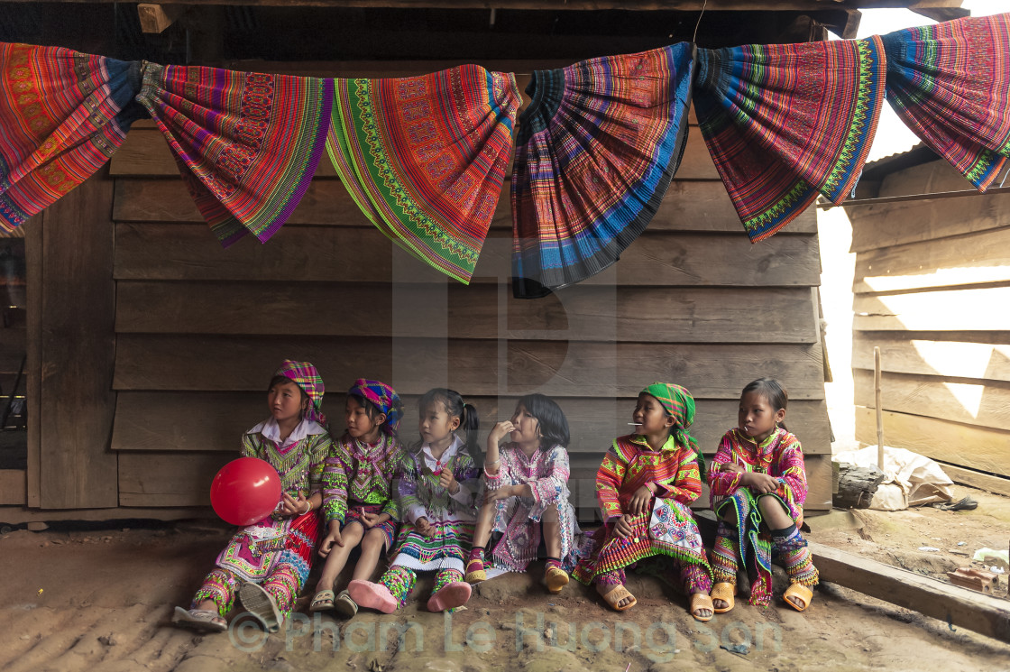 "Hmong Little Girls wearing traditional clothes in their New Year" stock image