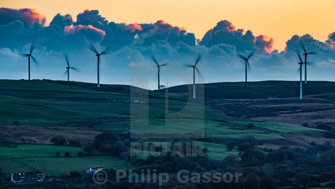 "Wind turbines and Sheep on a Welsh hill farm." stock image