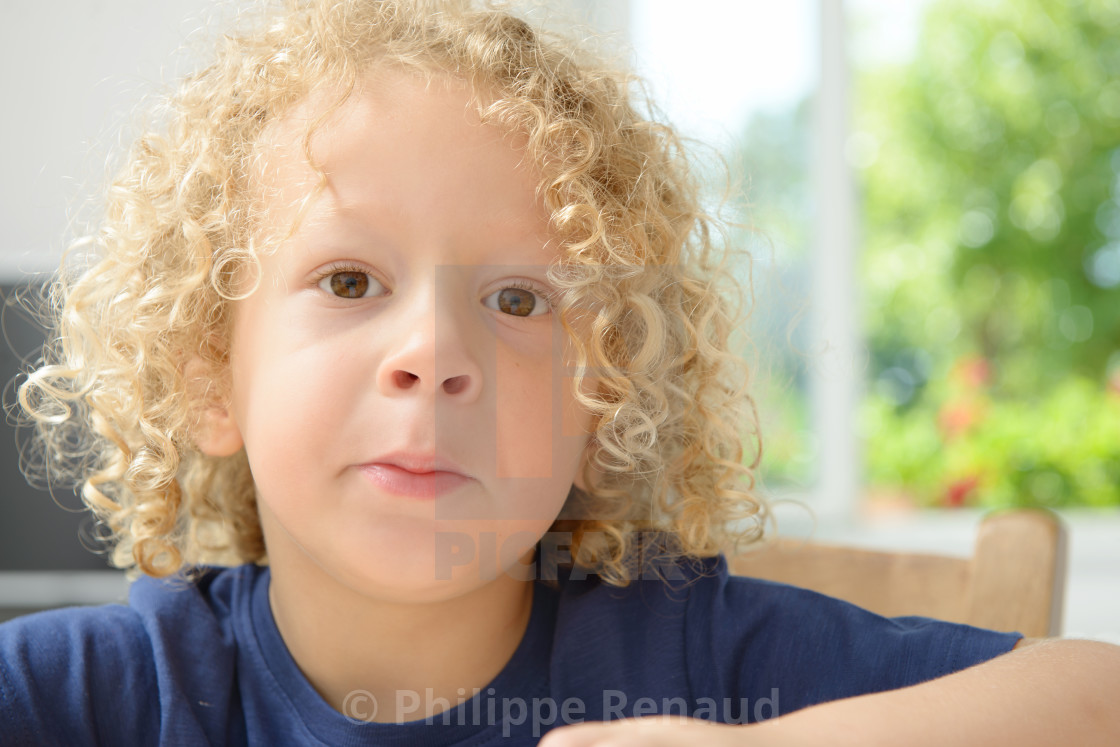 Portrait Of A Little Boy With Blond Curly Hair License Download