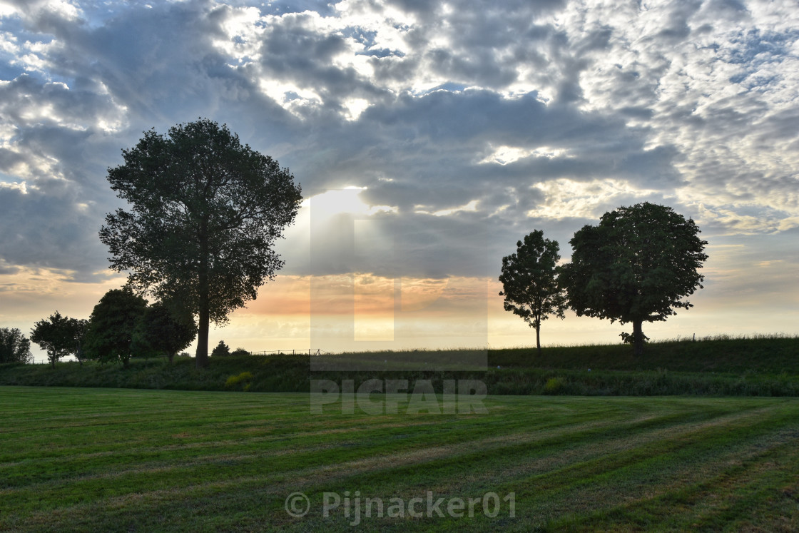 Dutch Landscape Of Green Field With Low Sun And Clouds