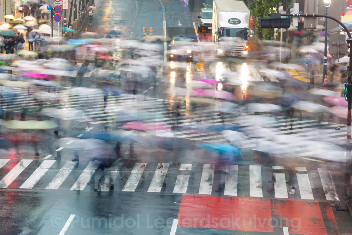 "SHIBUYA, TOKYO-CIRCA JUNE 2014: Shibuya scrambled crossing is one of the busiest of the world on circa June 2014" stock image