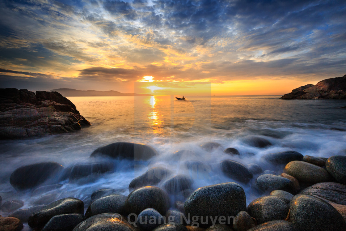 "Long exposure of sea and big pebble" stock image