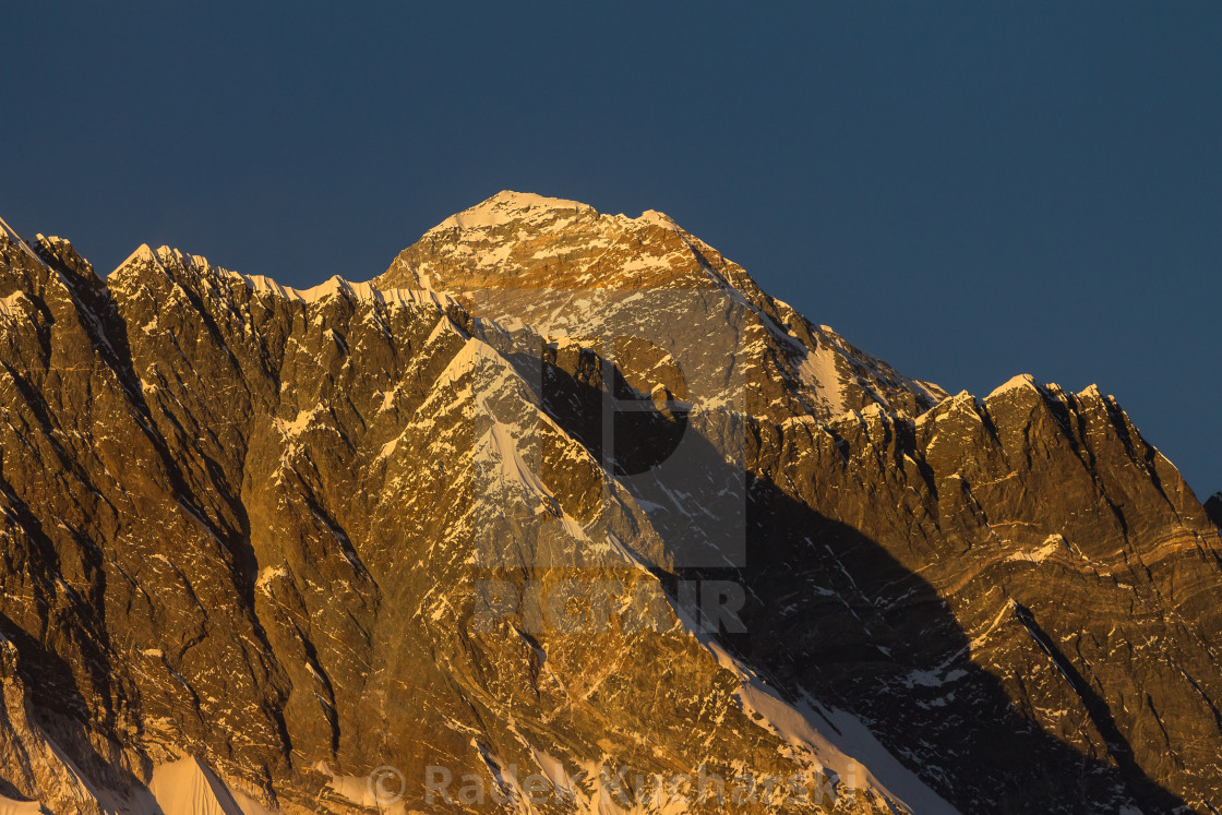 "Top of Everest at sunset seen from the way from Ama Dablam Base Camp" stock image