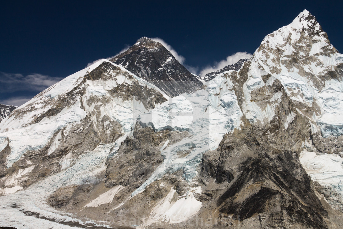 "Mt. Everest and Nuptse as seen from the Kala Patthar peak" stock image