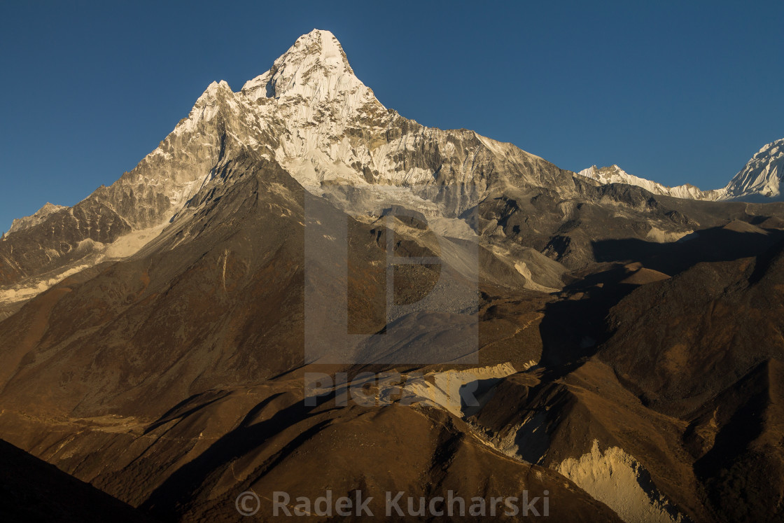 "Ama Dablam seen at sunset from a ridge high above Panboche" stock image